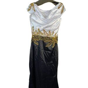 handmade formal gown high low sleeveless embellished gold beads black white READ